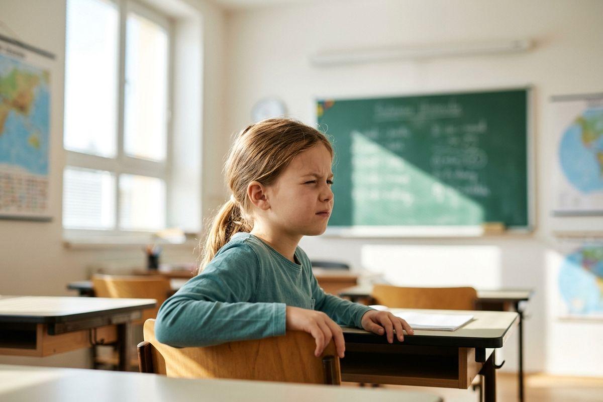 Child sitting at a classroom desk, squinting toward a chalkboard in the background.