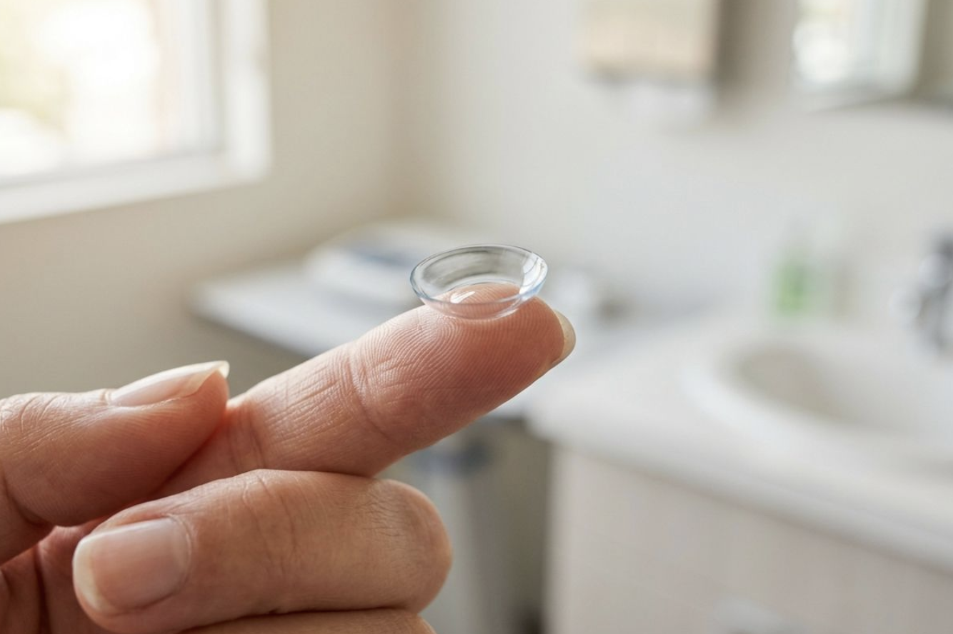 Contact lens balanced on a fingertip, with a bathroom sink blurred in the background.