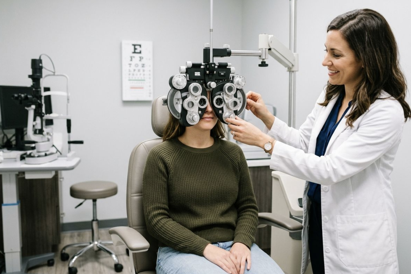 Optometrist adjusting a phoropter for a seated patient during an eye exam, smiling, with an eye chart on the wall.