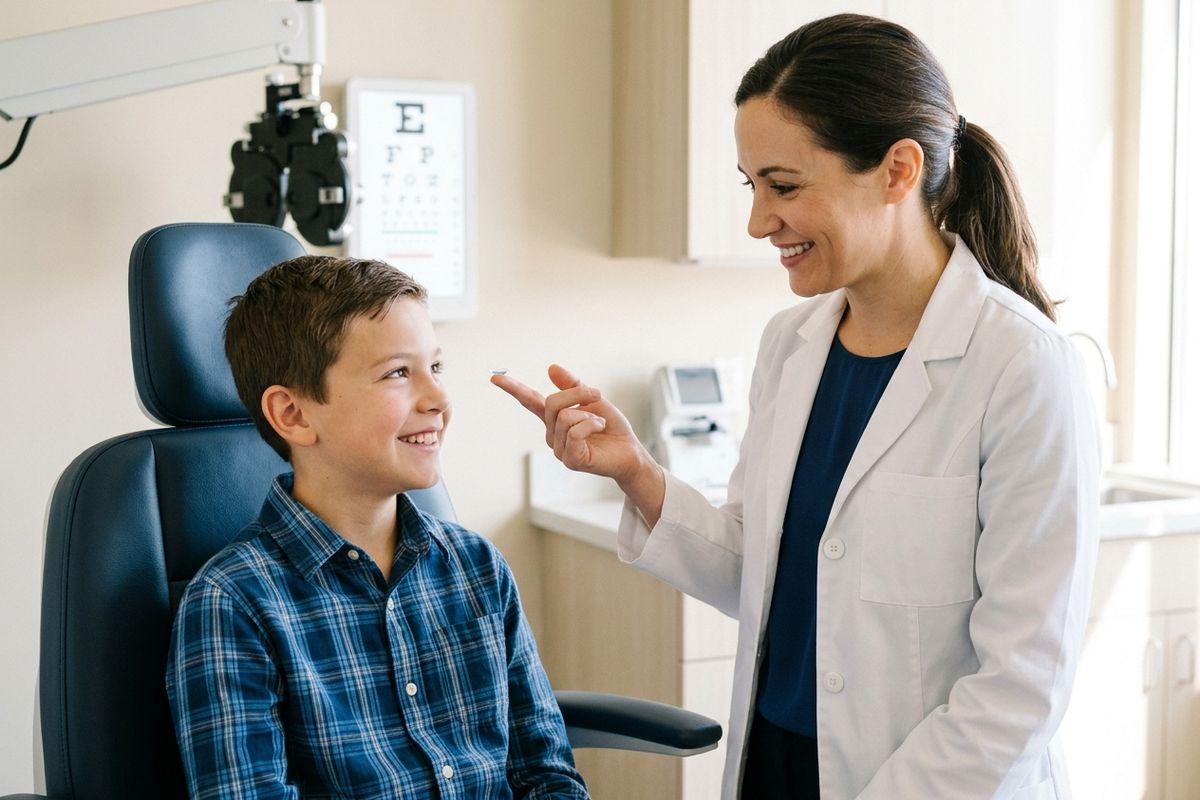Optometrist holding a contact lens on fingertip, smiling at a child seated in an exam chair with eye chart behind.