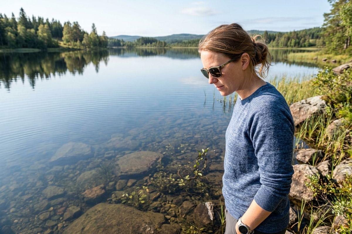 Person in sunglasses and blue sweater standing beside a calm lake, looking down at the clear water, forest and hills behind.