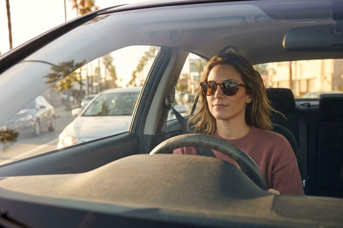 Person in sunglasses driving a car on a street lined with palm trees and other vehicles.