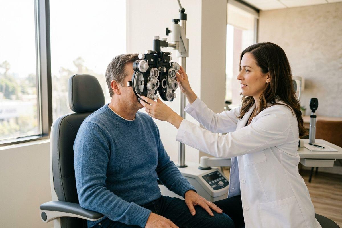 Optometrist adjusts a phoropter for a seated patient during an eye exam in a clinic.