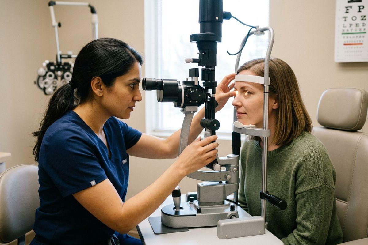 Optometrist examining a patient's eye with a slit lamp in an exam room, eye chart on the wall.