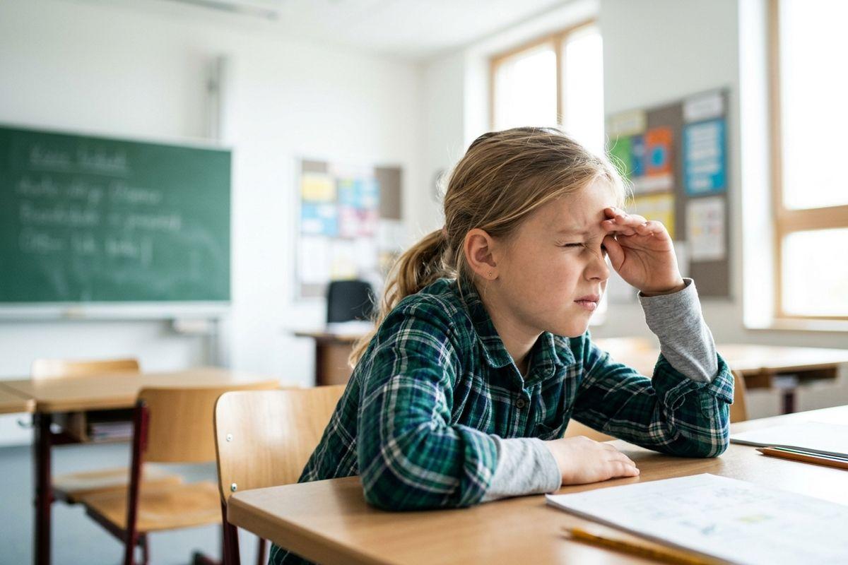 Child in a plaid shirt sits at a classroom desk, rubbing forehead with one eye closed, open notebook and pencil in front.