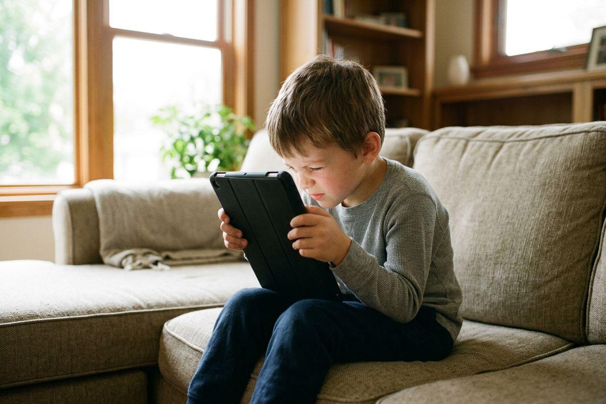 Child sitting on a beige sofa holding a tablet close to their face, squinting at the screen in a sunlit living room.
