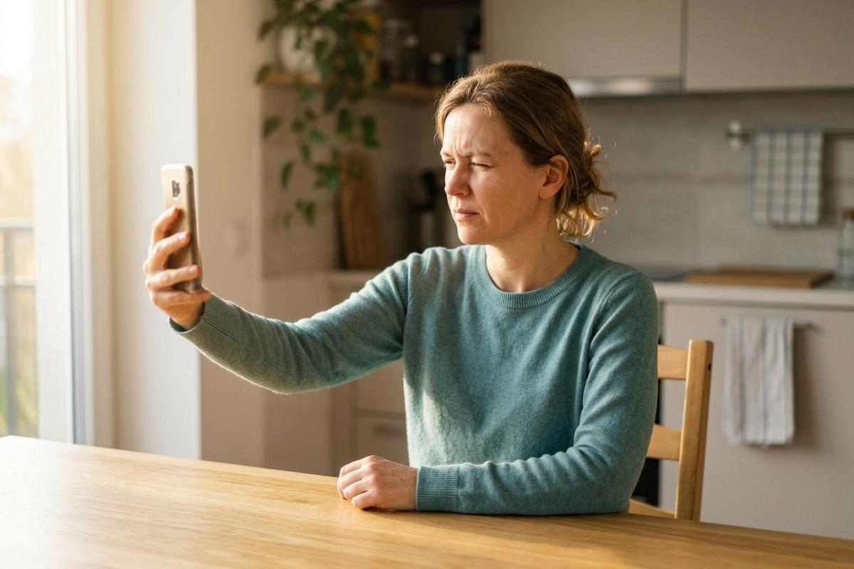 Adult sitting at a kitchen table, holding a phone at arm's length and squinting at the screen.