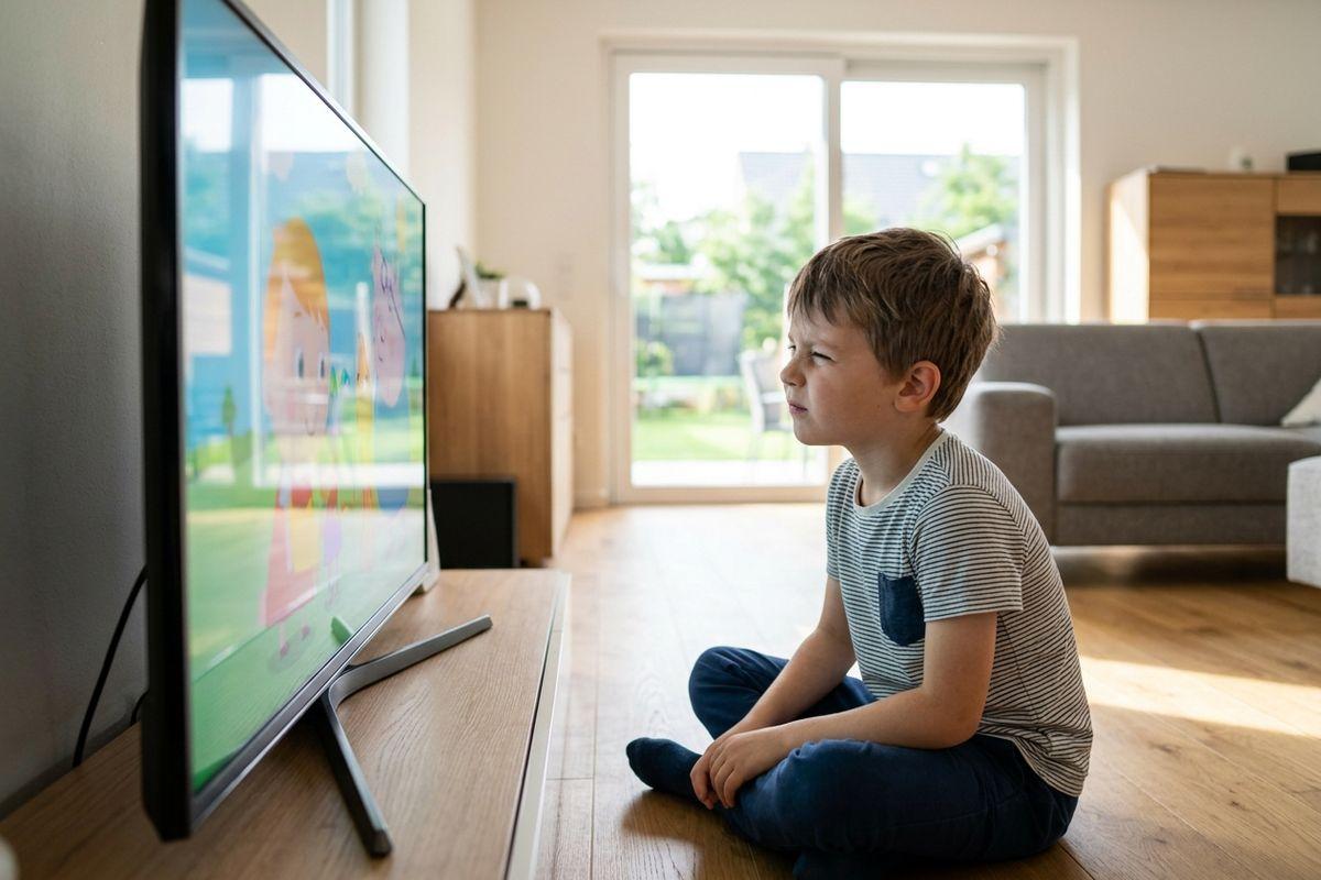 Child sitting cross-legged on a living room floor close to a television, squinting at a cartoon on the screen.